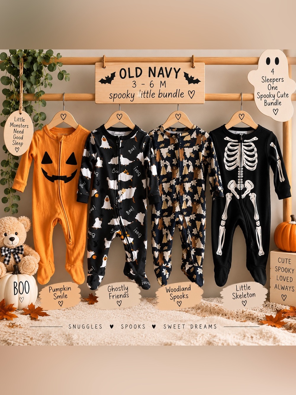 🎃 Old Navy Baby Halloween Sleeper Bundle 3–6M | 4-Piece Spooky Pajama Lot 👻